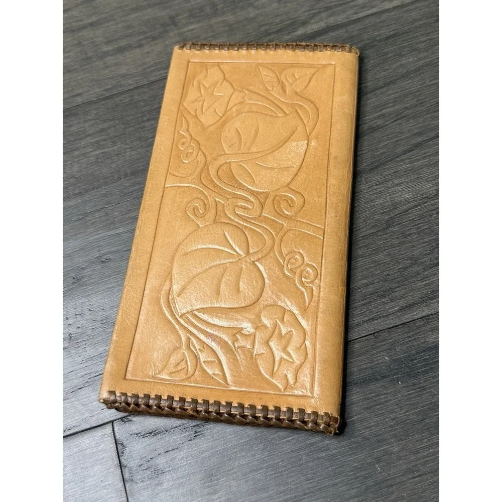 Vintage Hand Tooled Leather Fold Wallet Leaves Floral Western